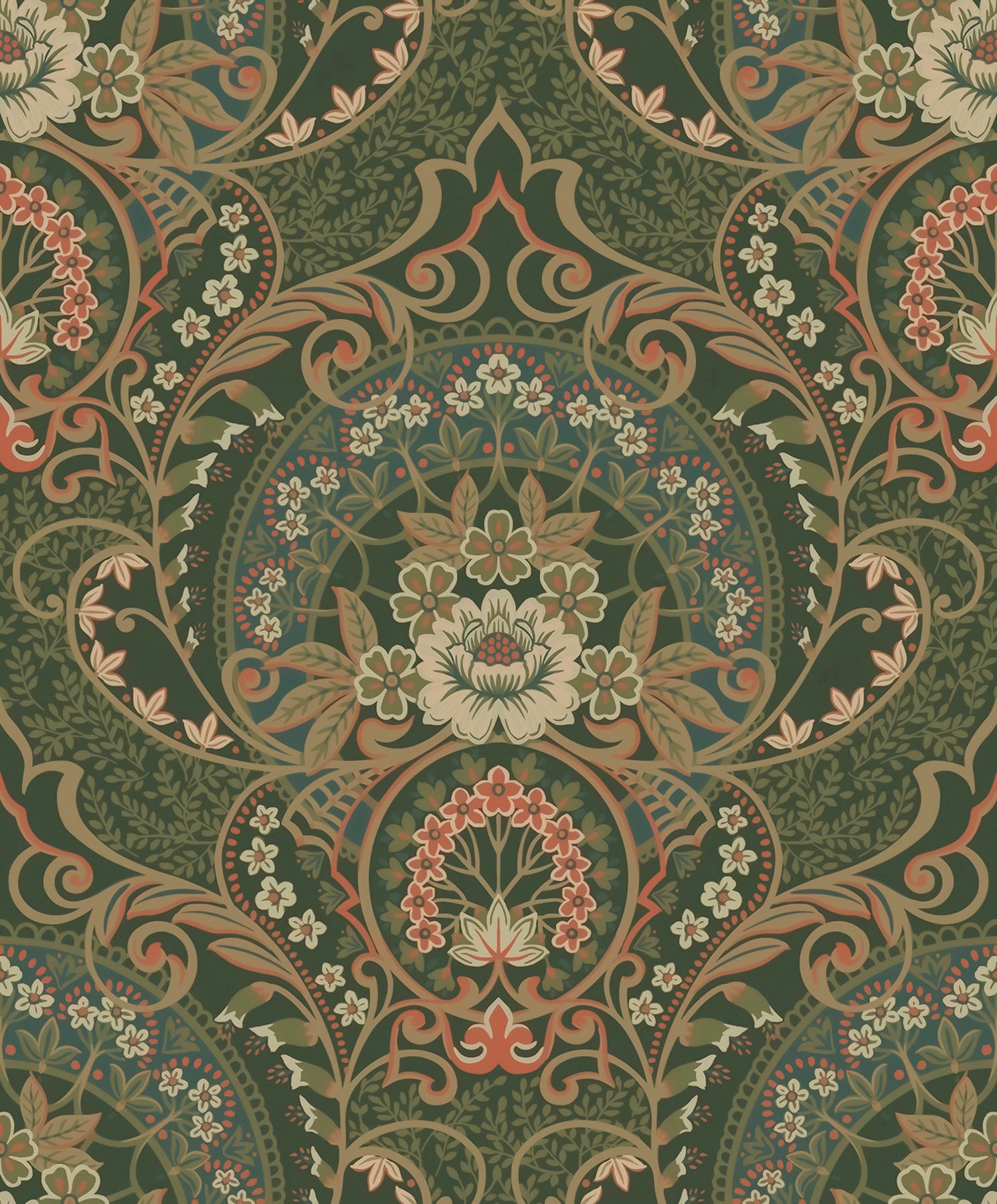 Eijffinger Nasrin Dark Green Damask Wallpaper, 21.5-in by 33-ft