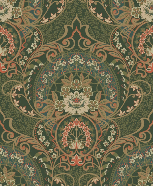 Eijffinger Nasrin Dark Green Damask Wallpaper, 21.5-in by 33-ft