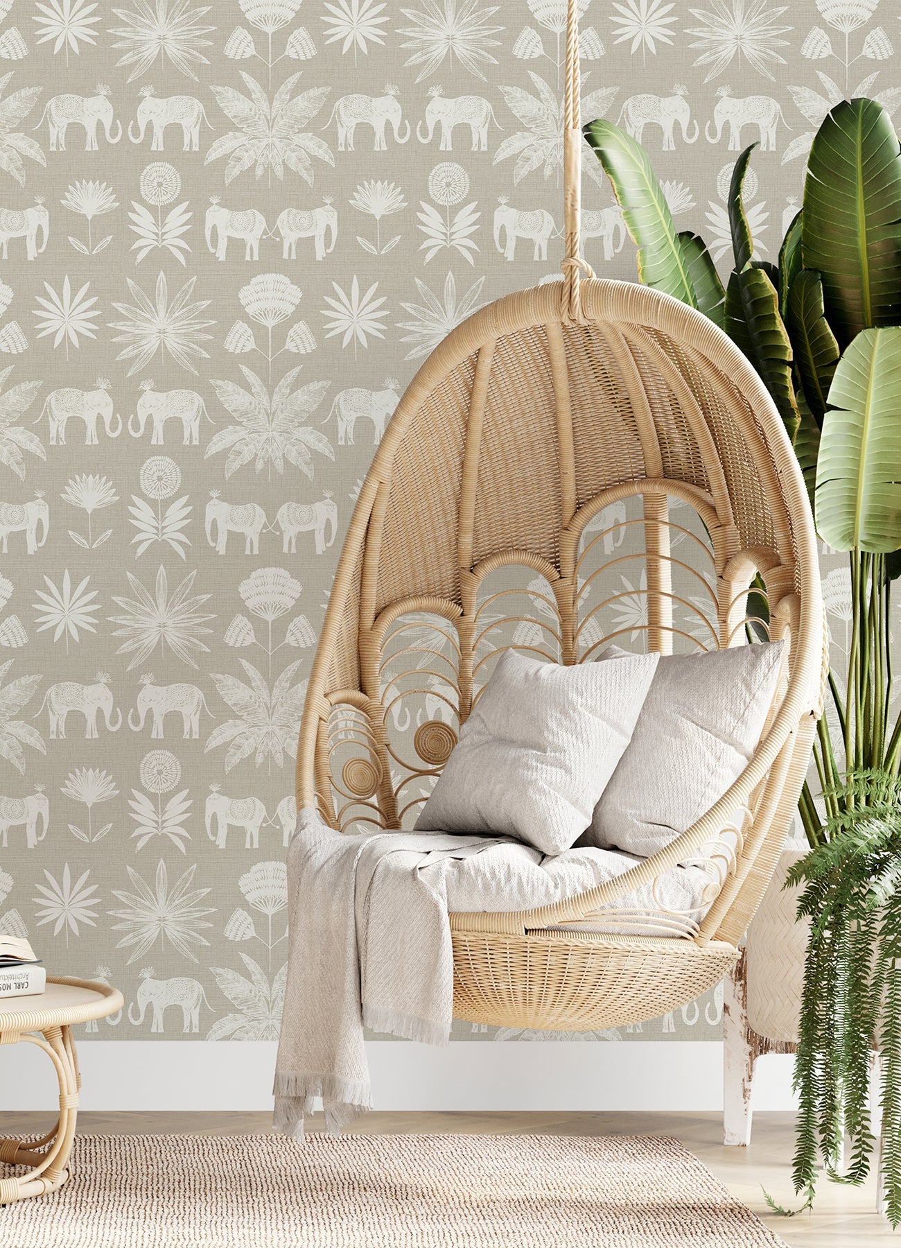 A-Street Prints Bazaar Light Grey Elephant Oasis Wallpaper, 20.5-in by 33-ft