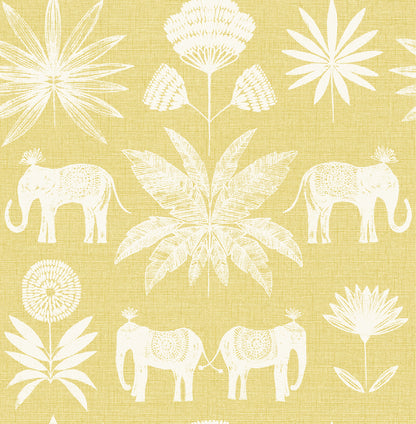 A-Street Prints Bazaar Yellow Elephant Oasis Wallpaper, 20.5-in by 33-ft