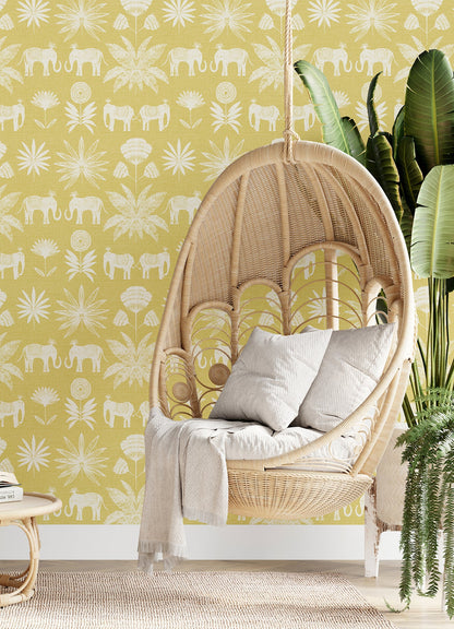 A-Street Prints Bazaar Yellow Elephant Oasis Wallpaper, 20.5-in by 33-ft