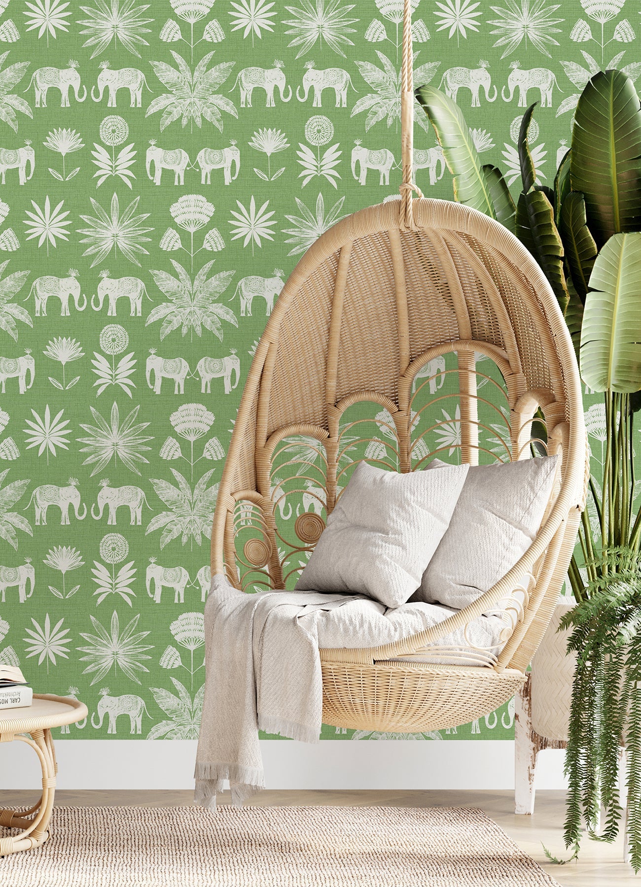 A-Street Prints Bazaar Green Elephant Oasis Wallpaper, 20.5-in by 33-ft