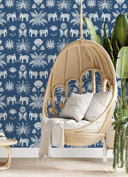 A-Street Prints Bazaar Blue Elephant Oasis Wallpaper, 20.5-in by 33-ft