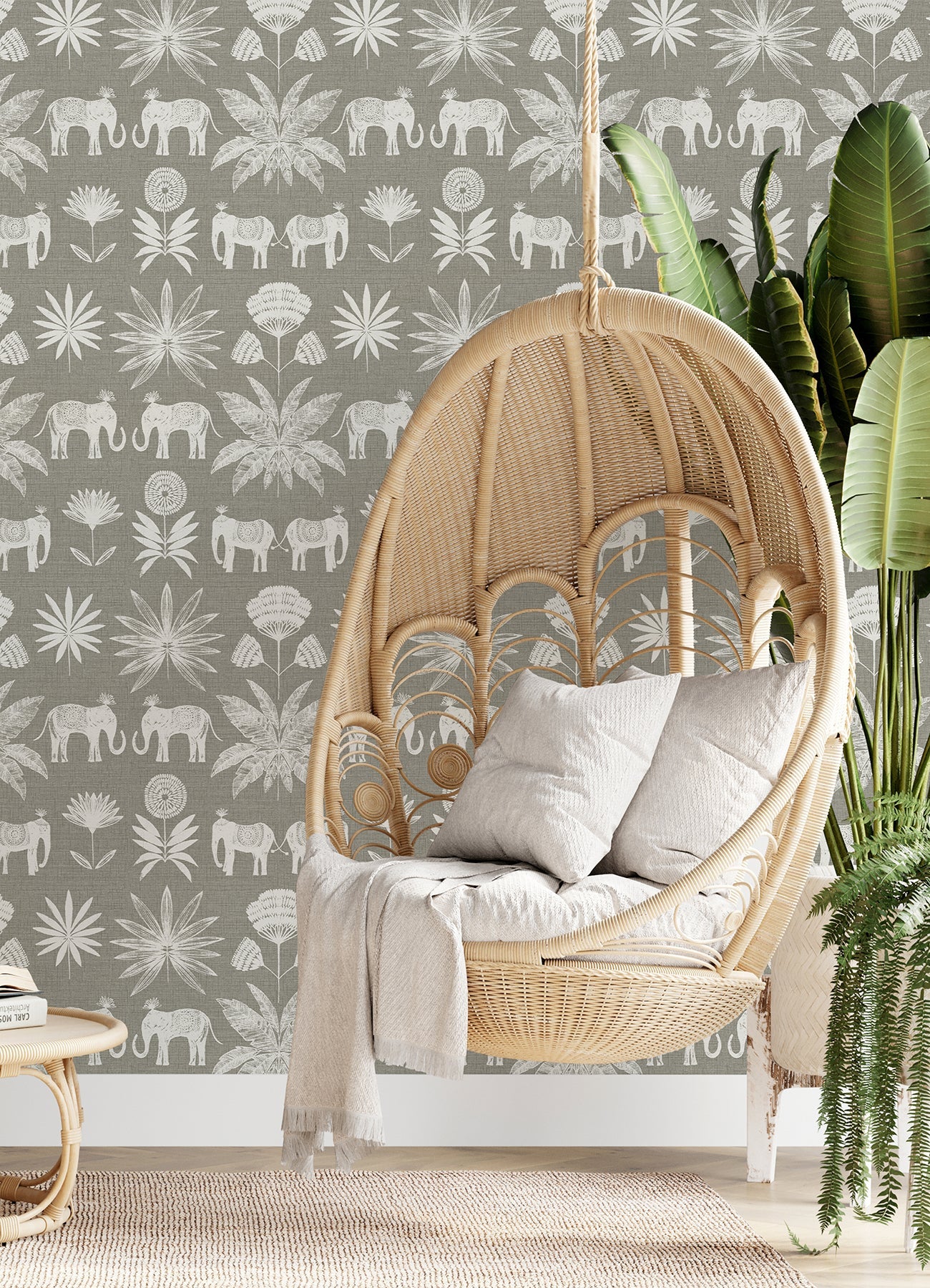 A-Street Prints Bazaar Grey Elephant Oasis Wallpaper, 20.5-in by 33-ft