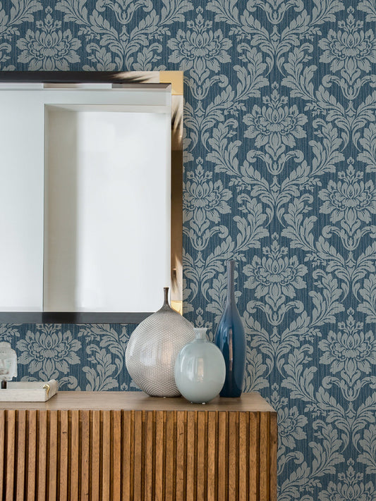 Advantage Galois Blue Damask Wallpaper, 20.9-in by 33-ft