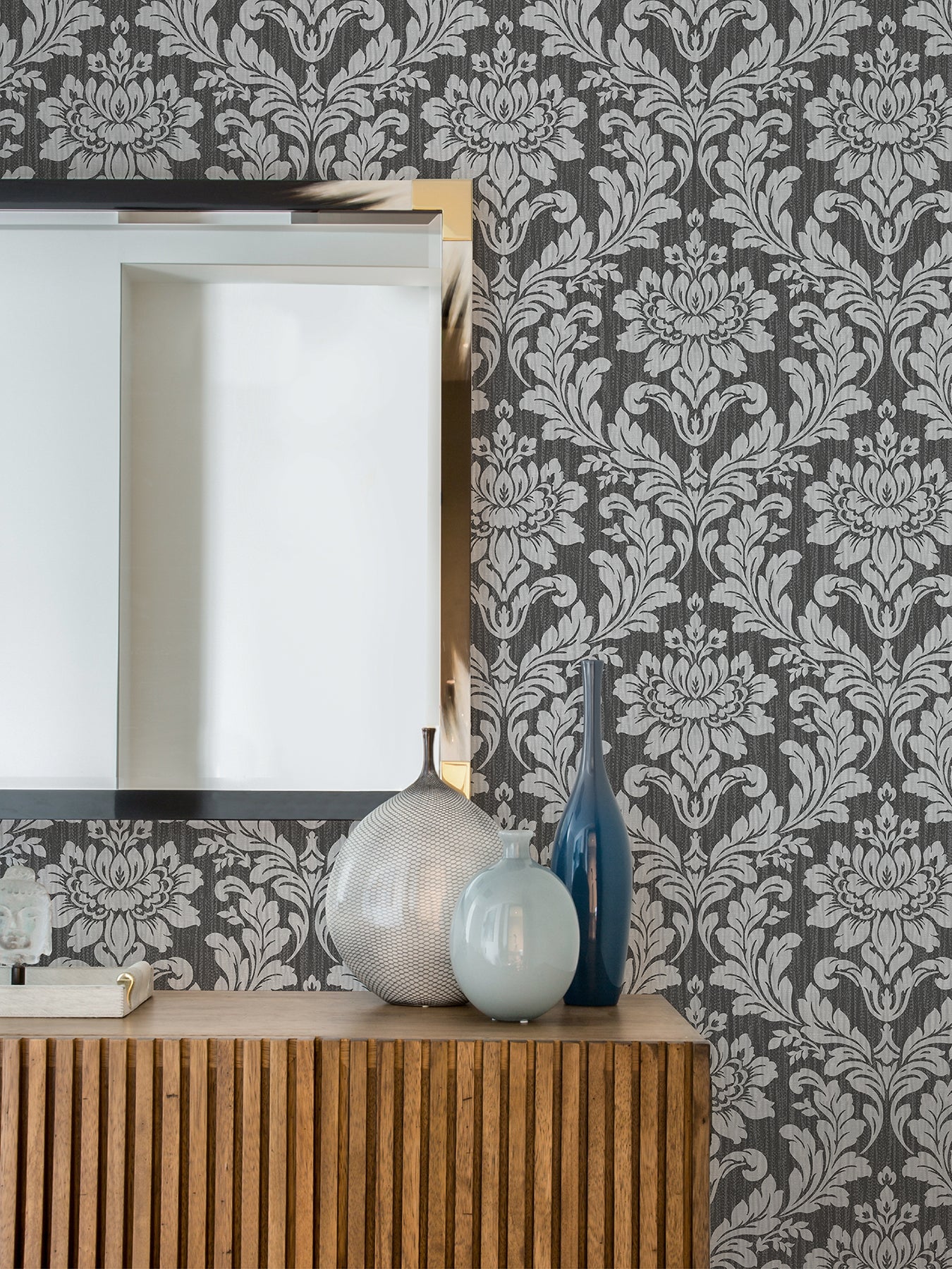 Advantage Galois Silver Damask Wallpaper, 20.9-in by 33-ft