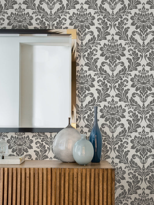 Advantage Galois Black Damask Wallpaper, 20.9-in by 33-ft