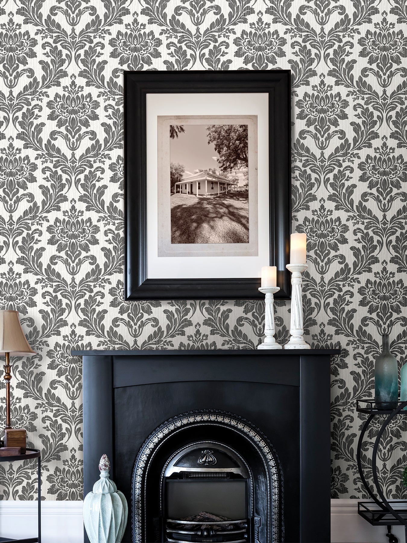 Advantage Galois Black Damask Wallpaper, 20.9-in by 33-ft