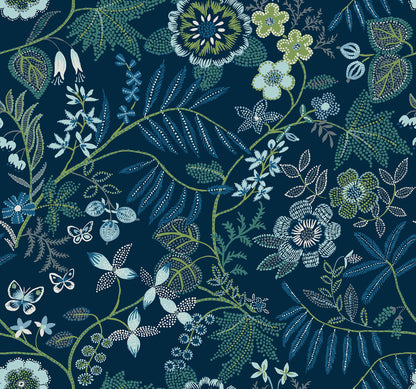 A-Street Prints Marilyn Dark Blue Floral Trail Wallpaper, 27-in by 27-ft