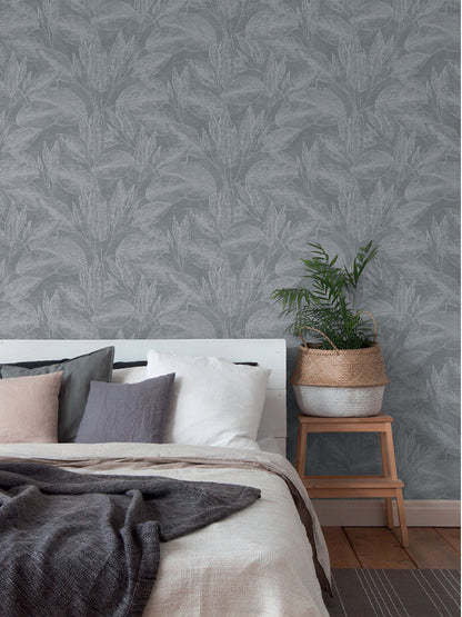 Advantage Suki Grey Leaves Wallpaper, 20.9-in by 33-ft