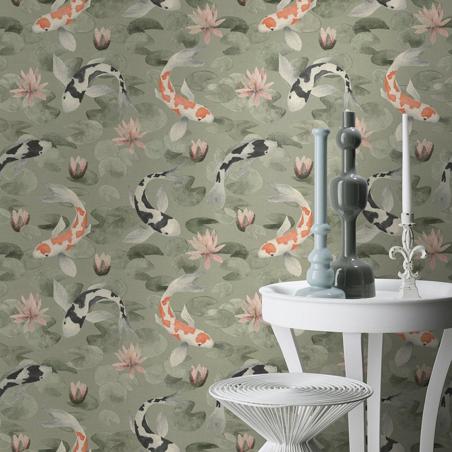 Advantage Nobu Green Koi Fish Wallpaper, 20.9-in by 33-ft