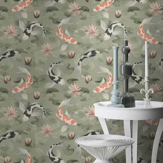 Advantage Nobu Green Koi Fish Wallpaper, 20.9-in by 33-ft