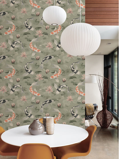 Advantage Nobu Green Koi Fish Wallpaper, 20.9-in by 33-ft