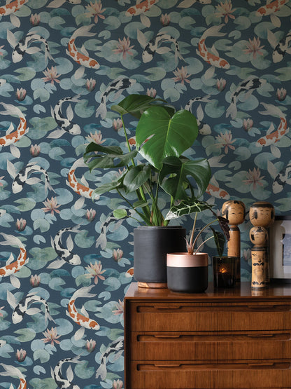 Advantage Nobu Blue Koi Fish Wallpaper, 20.9-in by 33-ft