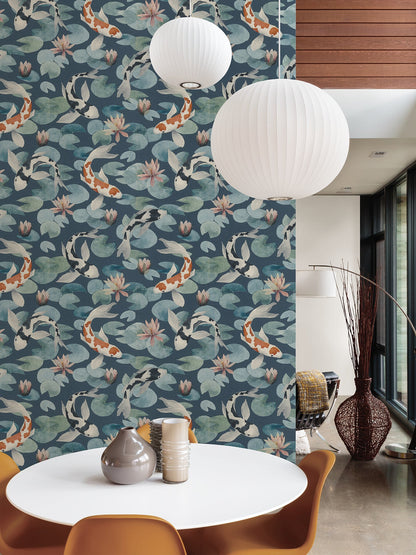 Advantage Nobu Blue Koi Fish Wallpaper, 20.9-in by 33-ft