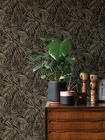 Advantage Yumi Black Palm Leaf Wallpaper, 20.9-in by 33-ft