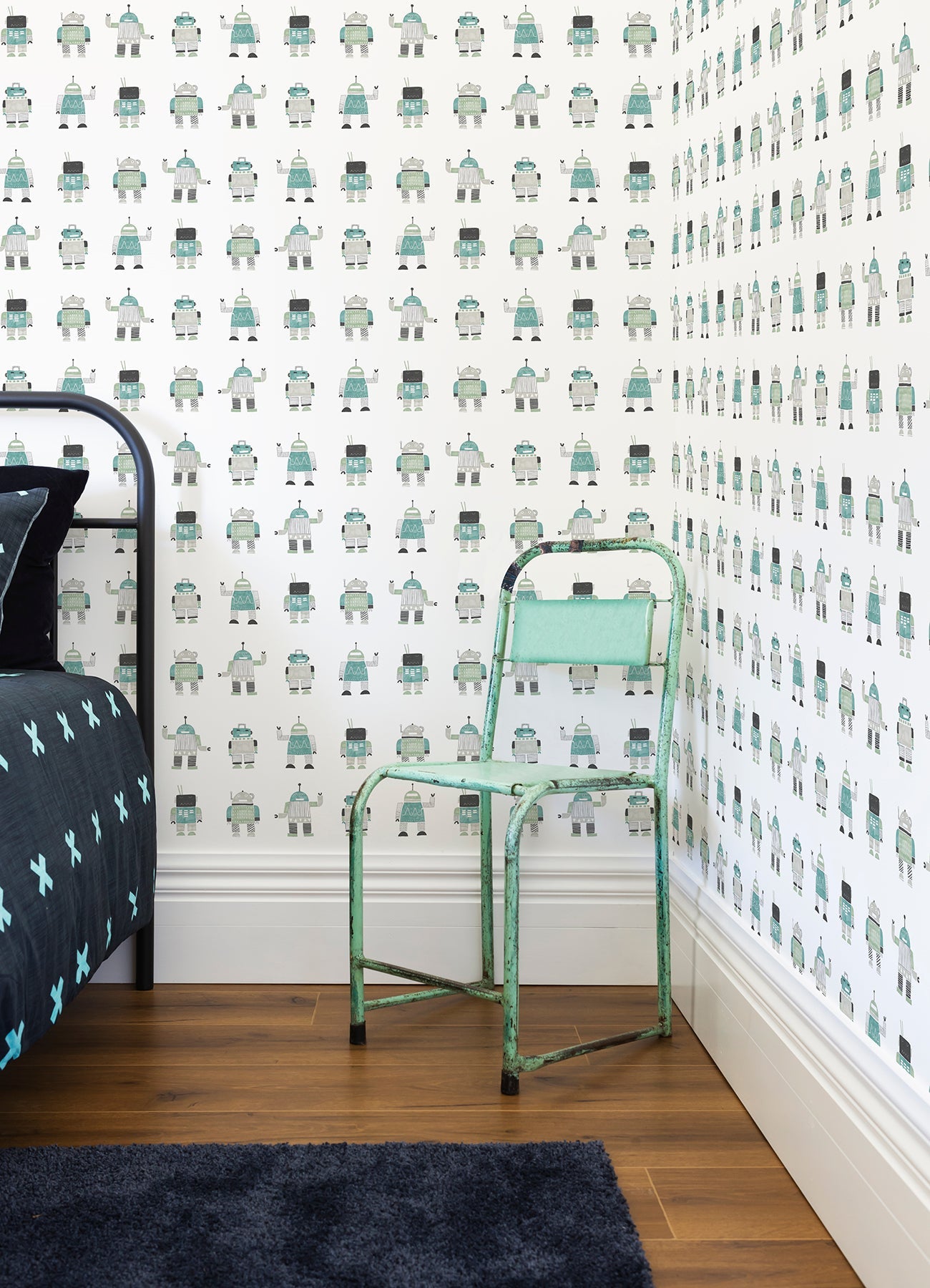 Chesapeake Callum Teal Robots Wallpaper, 20.9-in by 33-ft