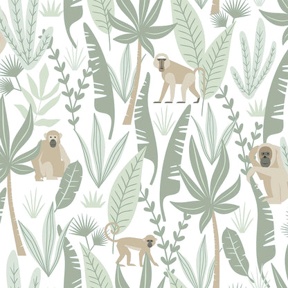 Chesapeake Kiki Light Green Monkeys Wallpaper, 20.9-in by 33-ft