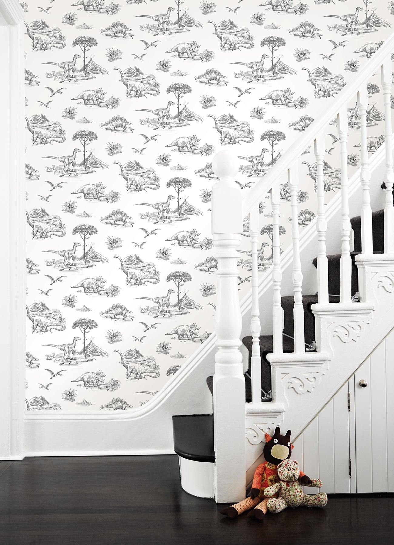 Chesapeake Isolde Charcoal Dinosaurs Wallpaper, 20.9-in by 33-ft