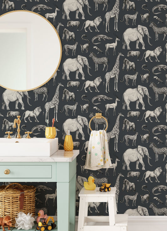 Chesapeake Kenji Navy Safari Wallpaper, 20.9-in by 33-ft