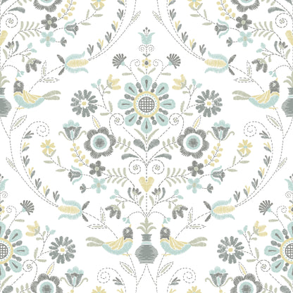 A-Street Prints Britt Sea Green Embroidered Damask Wallpaper, 20.5-in by 33-ft