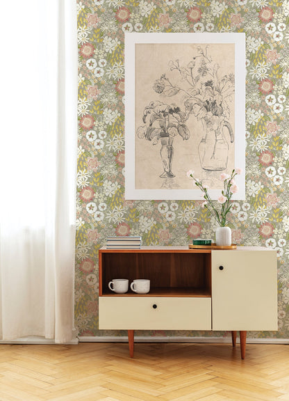 A-Street Prints Karina Neutral Wildflower Garden Wallpaper, 20.5-in by 33-ft