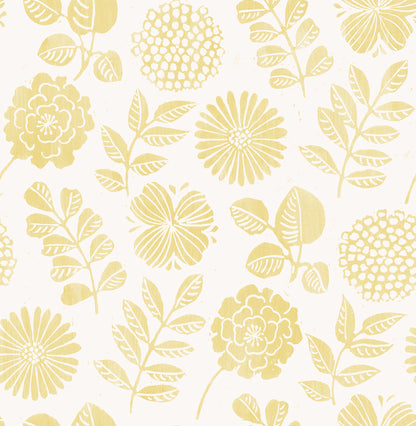 A-Street Prints Inge Yellow Floral Block Print Wallpaper, 20.5-in by 33-ft