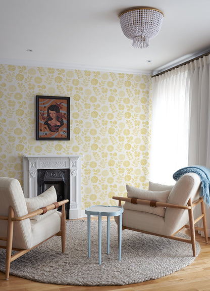 A-Street Prints Inge Yellow Floral Block Print Wallpaper, 20.5-in by 33-ft