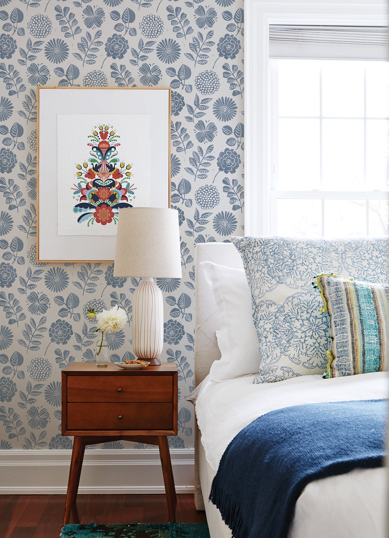 A-Street Prints Inge Denim Floral Block Print Wallpaper, 20.5-in by 33-ft