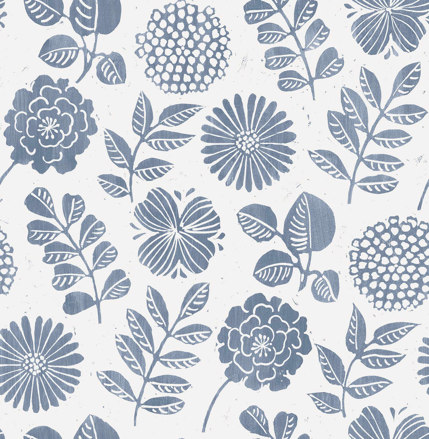 A-Street Prints Inge Denim Floral Block Print Wallpaper, 20.5-in by 33-ft