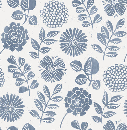 A-Street Prints Inge Denim Floral Block Print Wallpaper, 20.5-in by 33-ft