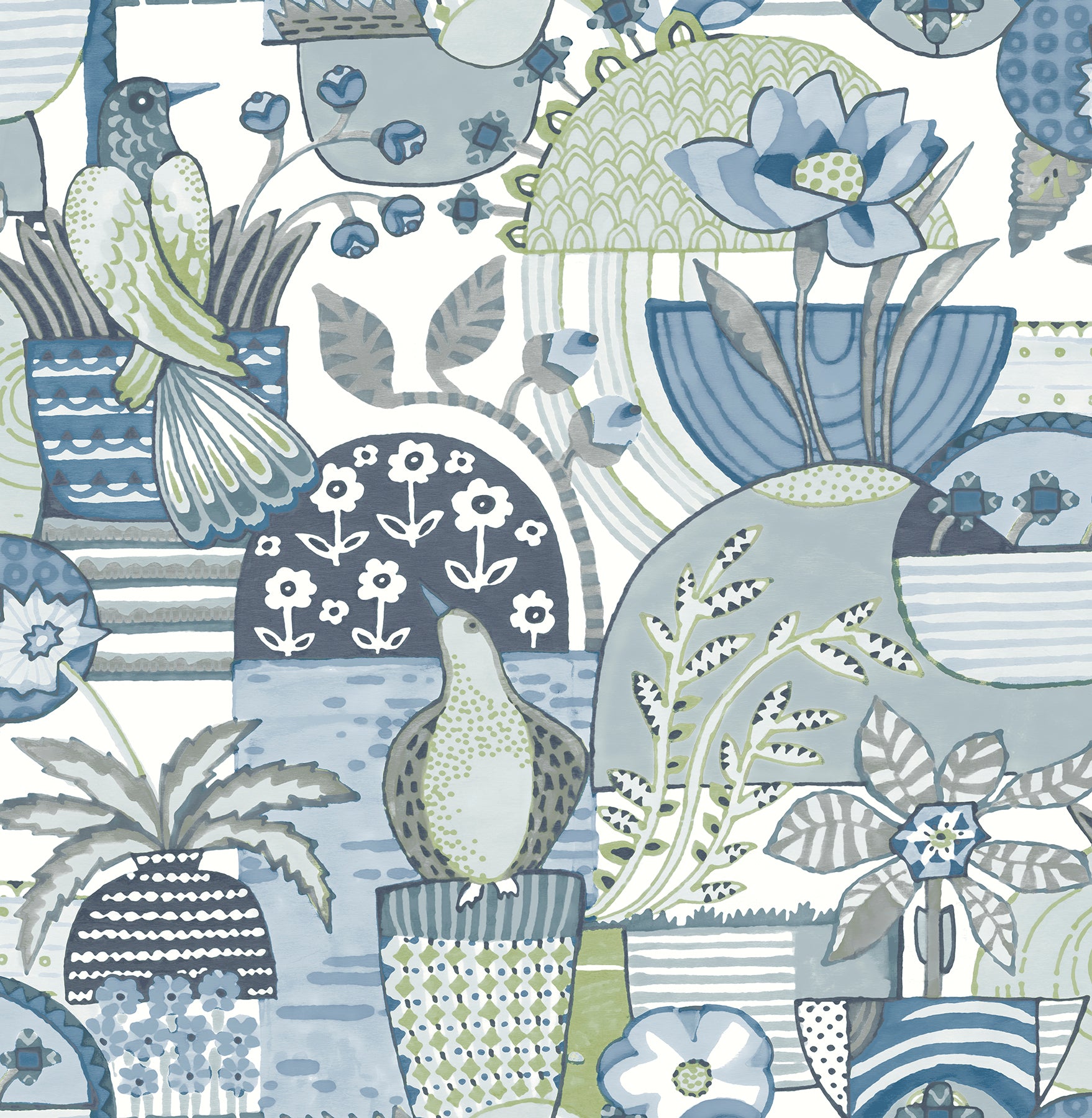 A-Street Prints Fika Blue Blissful Birds & Blooms Wallpaper, 20.5-in by 33-ft