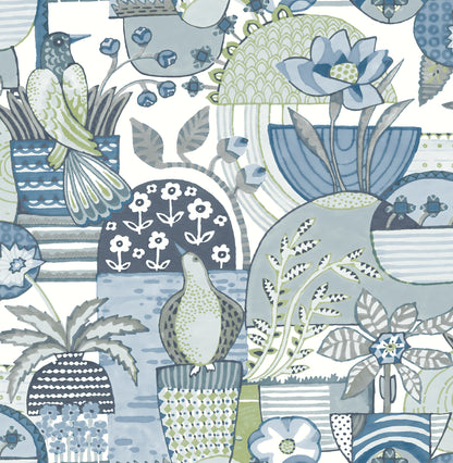 A-Street Prints Fika Blue Blissful Birds & Blooms Wallpaper, 20.5-in by 33-ft