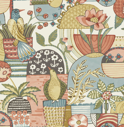 A-Street Prints Fika Mustard Blissful Birds & Blooms Wallpaper, 20.5-in by 33-ft