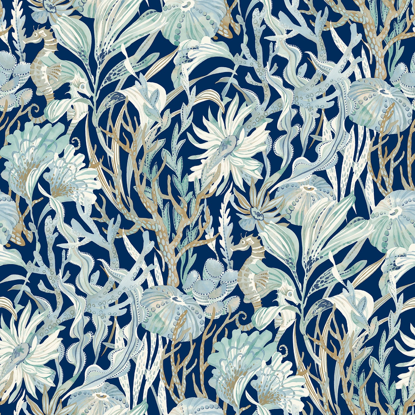 Chesapeake Kelp Garden Navy Tropical Reef Wallpaper, 20.5-in by 33-ft