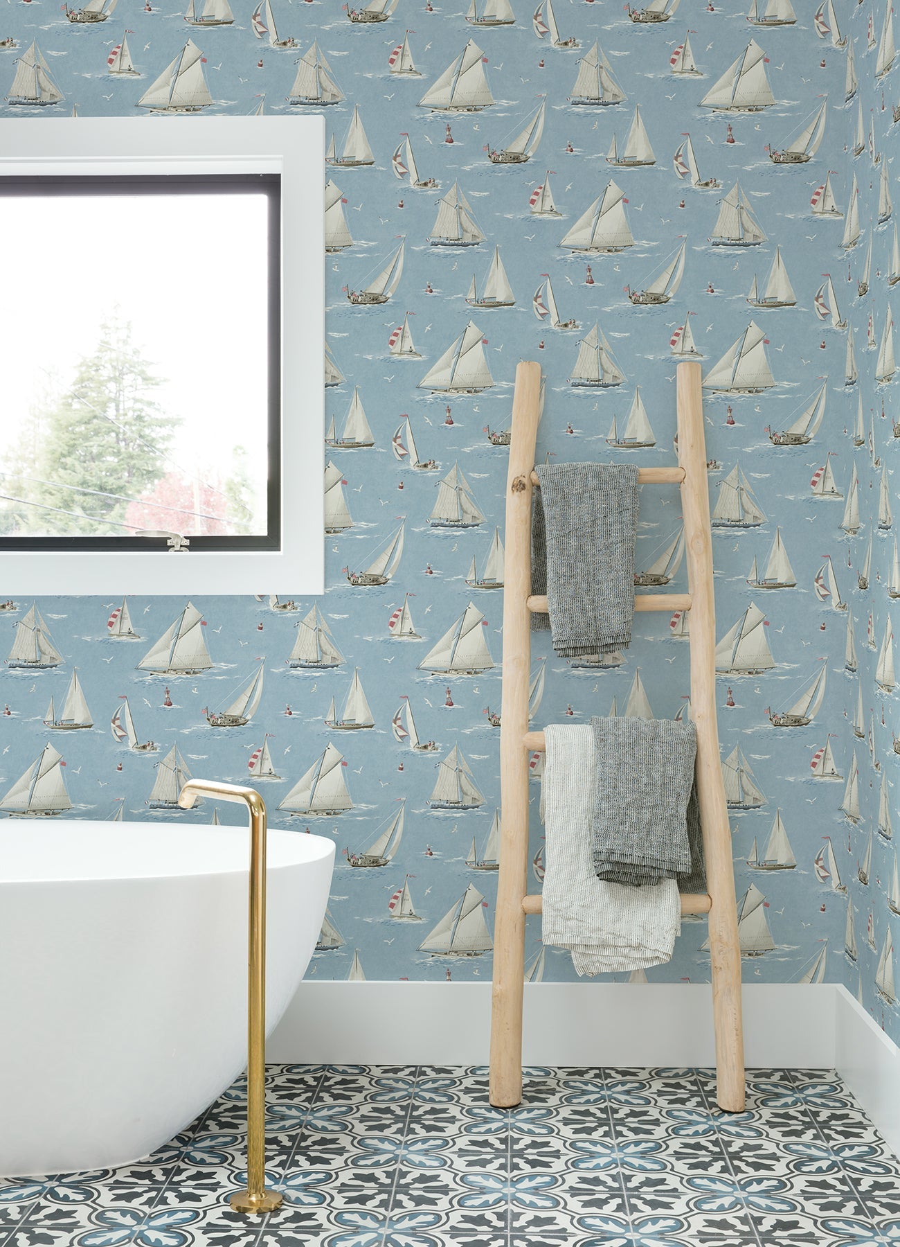 Chesapeake Leeward Light Blue Sailboat Wallpaper, 20.5-in by 33-ft