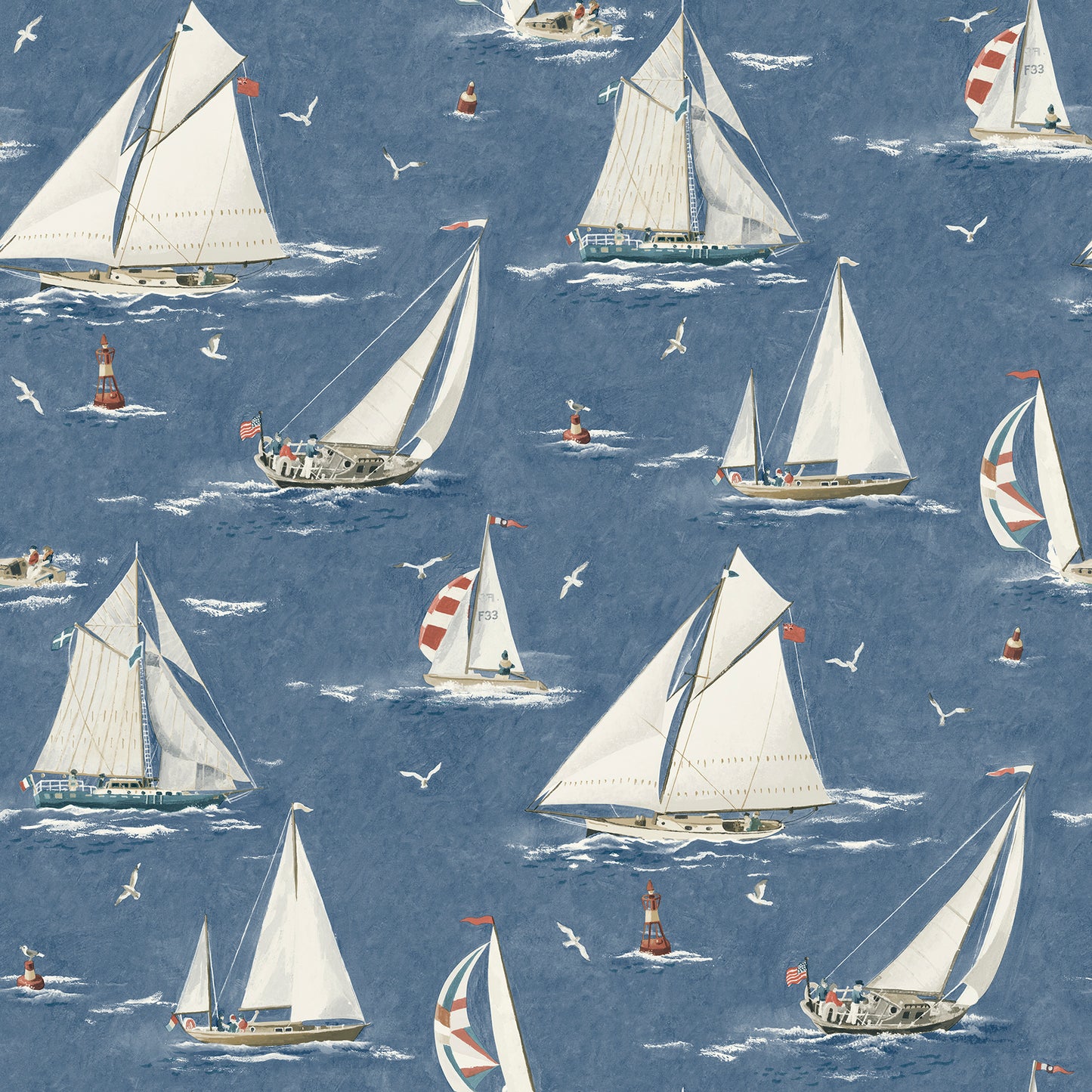 Chesapeake Leeward Navy Sailboat Wallpaper, 20.5-in by 33-ft