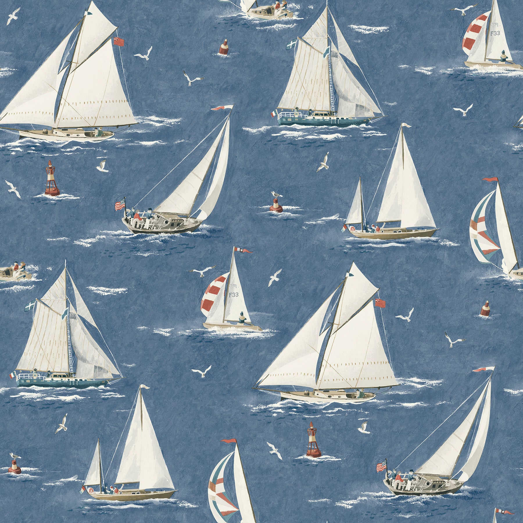 Chesapeake Leeward Navy Sailboat Wallpaper, 20.5-in by 33-ft