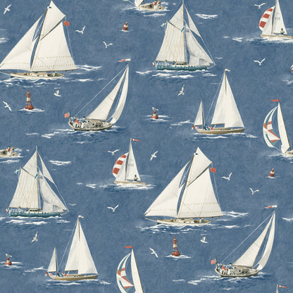 Chesapeake Leeward Navy Sailboat Wallpaper, 20.5-in by 33-ft