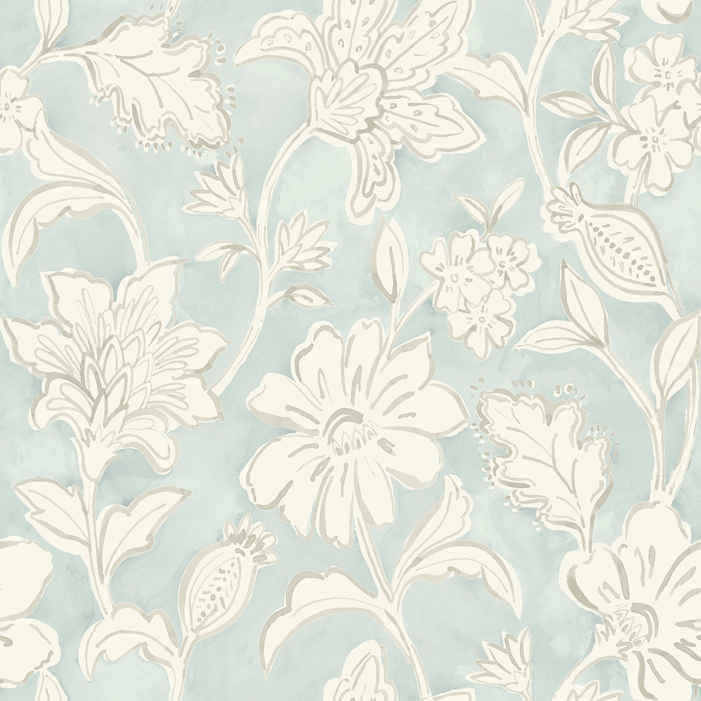 Chesapeake Plumeria Aqua Floral Trail Wallpaper, 20.5-in by 33-ft