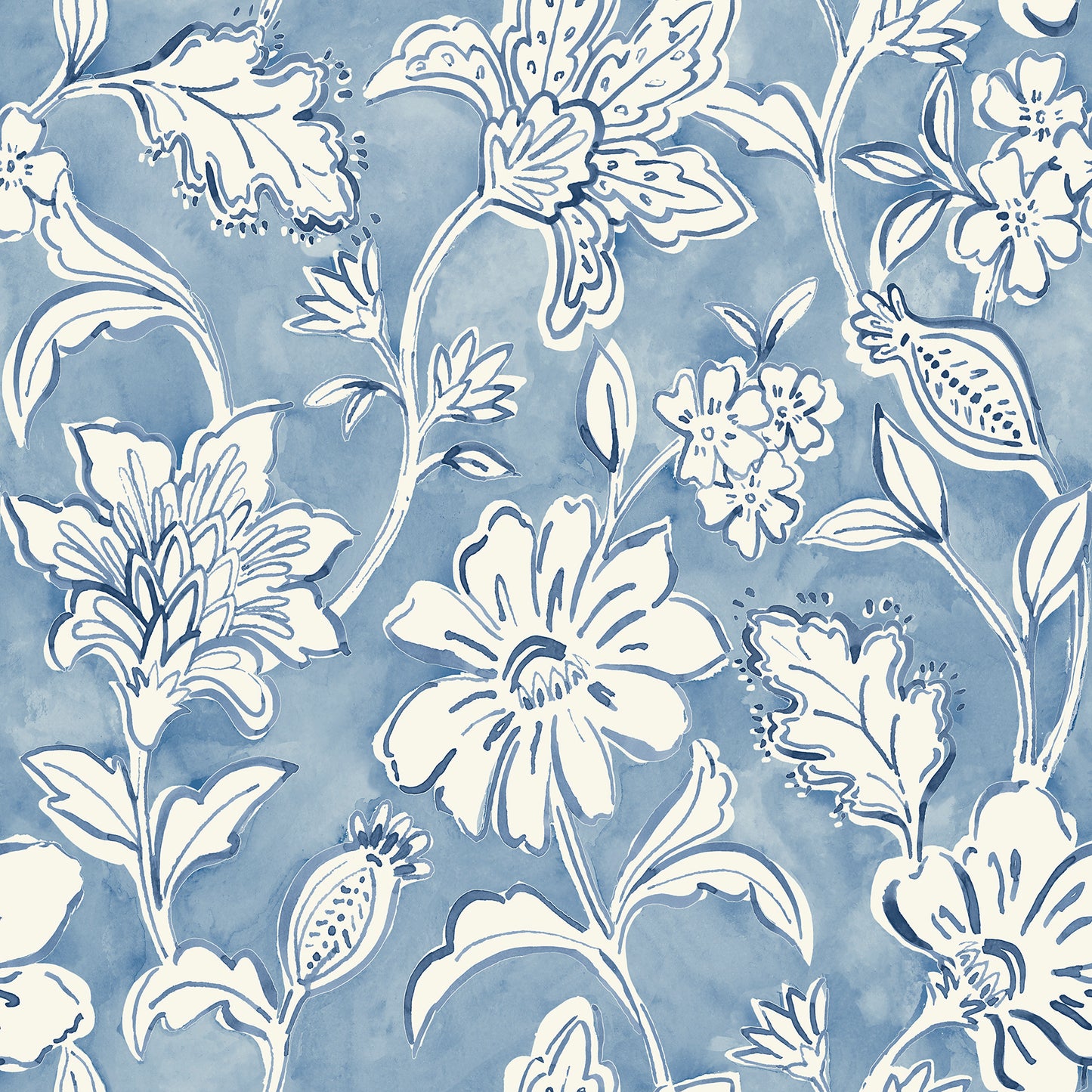 Chesapeake Plumeria Blue Floral Trail Wallpaper, 20.5-in by 33-ft