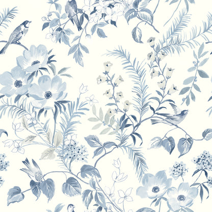 Chesapeake Frederique Blue Floral Wallpaper, 20.5-in by 33-ft