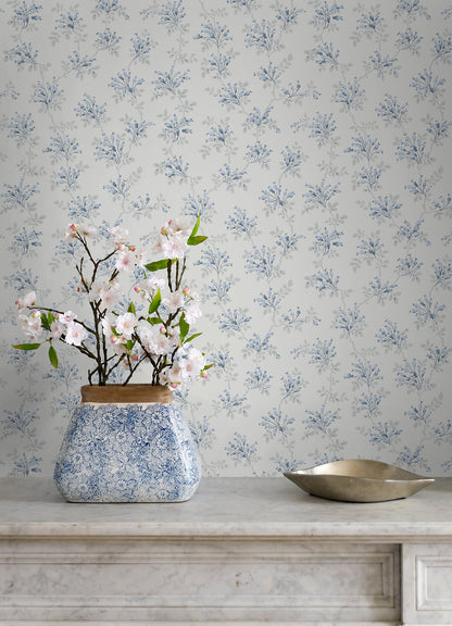 Chesapeake Sofiane Blue Botanical Trail Wallpaper, 20.5-in by 33-ft