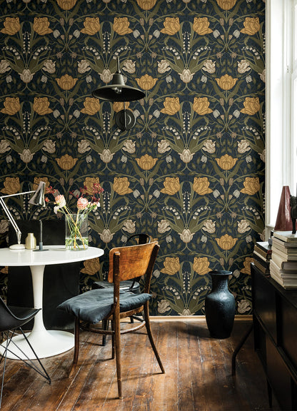 A-Street Prints Filippa Navy Tulip Wallpaper, 20.9-in by 33-ft