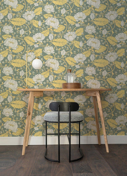 A-Street Prints Eva Yellow Lotus Dreams Wallpaper, 20.9-in by 33-ft