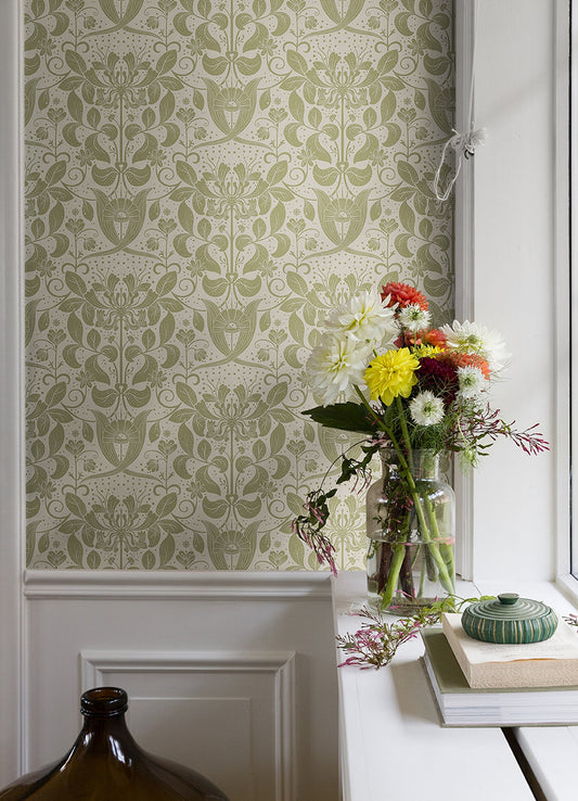 A-Street Prints Berit Olive Floral Crest Wallpaper, 20.9-in by 33-ft