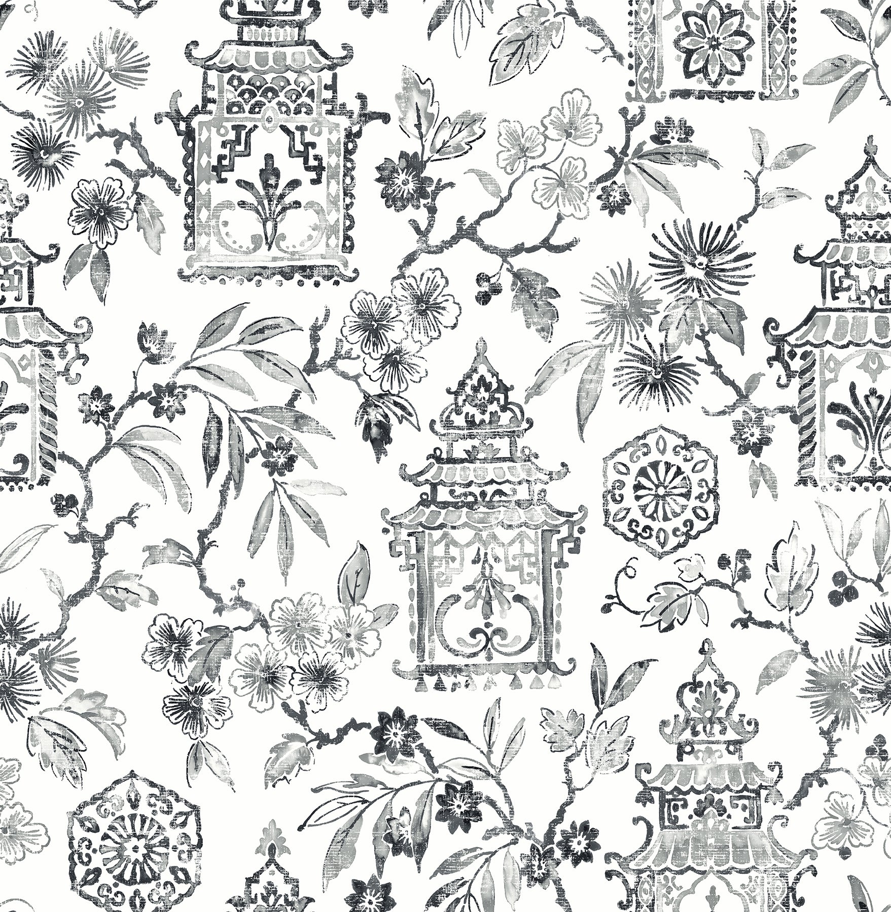 A-Street Prints Helaine Charcoal Pagoda Wallpaper, 20.5-in by 33-ft