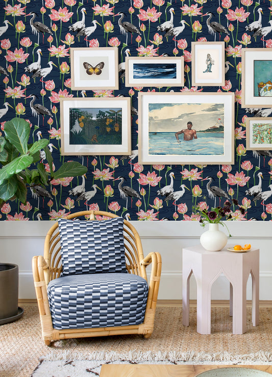 A-Street Prints Barton Navy Heron Wallpaper, 27-in by 27-ft