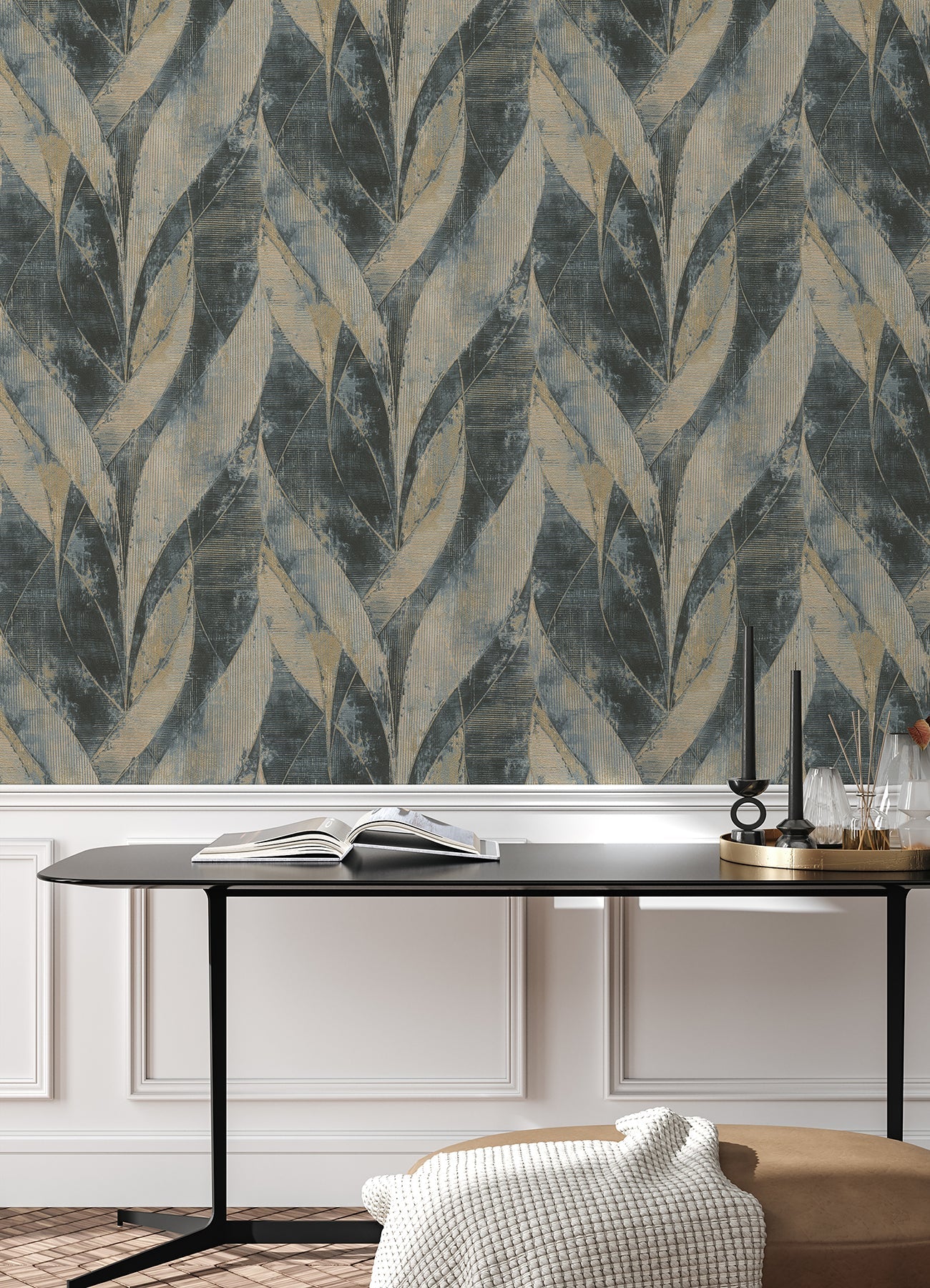 Advantage Blake Denim Leaf Wallpaper, 20.9-in by 33-ft