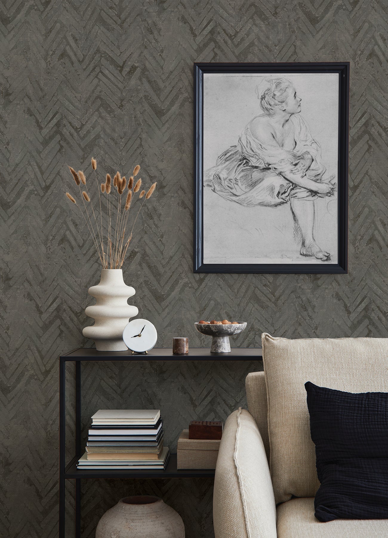 A-Street Prints Amesemi Dark Grey Distressed Herringbone Wallpaper, 21-in by 33-ft